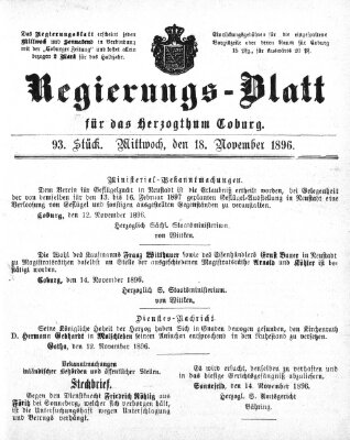 Regierungs-Blatt für das Herzogtum Coburg (Coburger Regierungs-Blatt) Mittwoch 18. November 1896