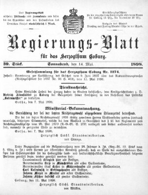 Regierungs-Blatt für das Herzogtum Coburg (Coburger Regierungs-Blatt) Samstag 14. Mai 1898