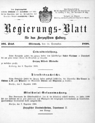 Regierungs-Blatt für das Herzogtum Coburg (Coburger Regierungs-Blatt) Mittwoch 14. Dezember 1898