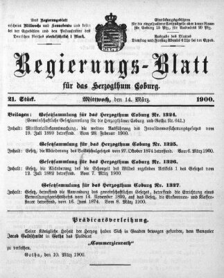 Regierungs-Blatt für das Herzogtum Coburg (Coburger Regierungs-Blatt) Mittwoch 14. März 1900