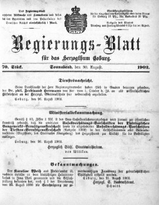 Regierungs-Blatt für das Herzogtum Coburg (Coburger Regierungs-Blatt) Samstag 30. August 1902