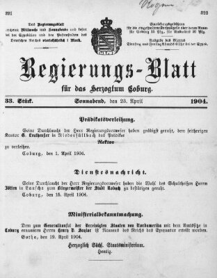 Regierungs-Blatt für das Herzogtum Coburg (Coburger Regierungs-Blatt) Samstag 23. April 1904