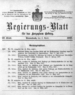 Regierungs-Blatt für das Herzogtum Coburg (Coburger Regierungs-Blatt) Samstag 6. April 1907