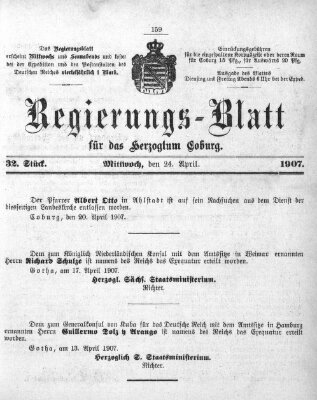 Regierungs-Blatt für das Herzogtum Coburg (Coburger Regierungs-Blatt) Mittwoch 24. April 1907