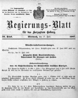 Regierungs-Blatt für das Herzogtum Coburg (Coburger Regierungs-Blatt) Mittwoch 17. Juli 1907