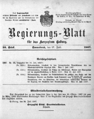 Regierungs-Blatt für das Herzogtum Coburg (Coburger Regierungs-Blatt) Samstag 27. Juli 1907