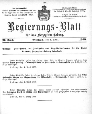 Regierungs-Blatt für das Herzogtum Coburg (Coburger Regierungs-Blatt) Mittwoch 1. April 1908