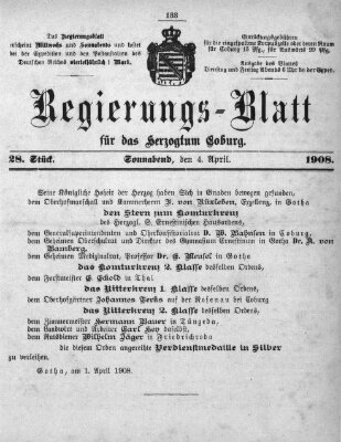 Regierungs-Blatt für das Herzogtum Coburg (Coburger Regierungs-Blatt) Samstag 4. April 1908