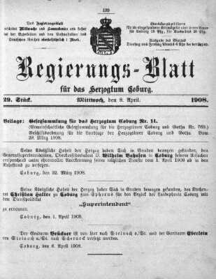 Regierungs-Blatt für das Herzogtum Coburg (Coburger Regierungs-Blatt) Mittwoch 8. April 1908