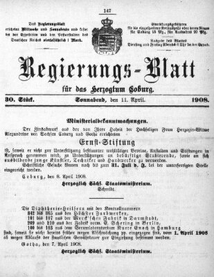 Regierungs-Blatt für das Herzogtum Coburg (Coburger Regierungs-Blatt) Samstag 11. April 1908