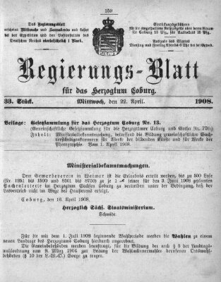 Regierungs-Blatt für das Herzogtum Coburg (Coburger Regierungs-Blatt) Mittwoch 22. April 1908