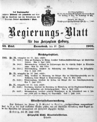 Regierungs-Blatt für das Herzogtum Coburg (Coburger Regierungs-Blatt) Samstag 27. Juni 1908
