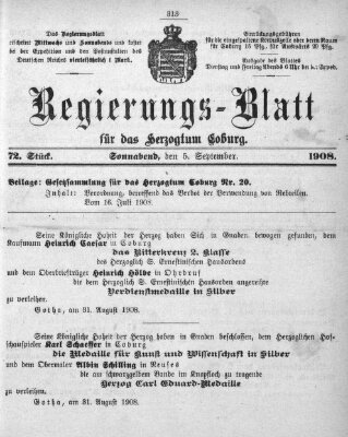 Regierungs-Blatt für das Herzogtum Coburg (Coburger Regierungs-Blatt) Samstag 5. September 1908