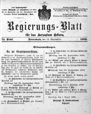 Regierungs-Blatt für das Herzogtum Coburg (Coburger Regierungs-Blatt) Samstag 12. September 1908