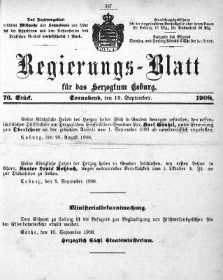 Regierungs-Blatt für das Herzogtum Coburg (Coburger Regierungs-Blatt) Samstag 19. September 1908