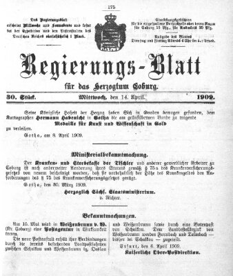 Regierungs-Blatt für das Herzogtum Coburg (Coburger Regierungs-Blatt) Mittwoch 14. April 1909