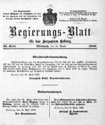 Regierungs-Blatt für das Herzogtum Coburg (Coburger Regierungs-Blatt) Mittwoch 21. April 1909