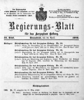Regierungs-Blatt für das Herzogtum Coburg (Coburger Regierungs-Blatt) Samstag 24. April 1909