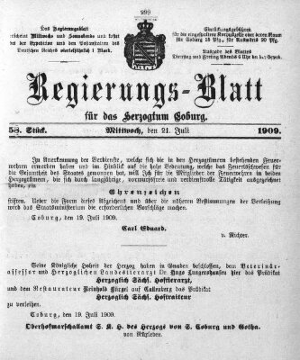 Regierungs-Blatt für das Herzogtum Coburg (Coburger Regierungs-Blatt) Mittwoch 21. Juli 1909