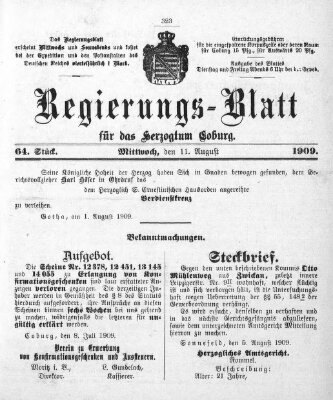 Regierungs-Blatt für das Herzogtum Coburg (Coburger Regierungs-Blatt) Mittwoch 11. August 1909