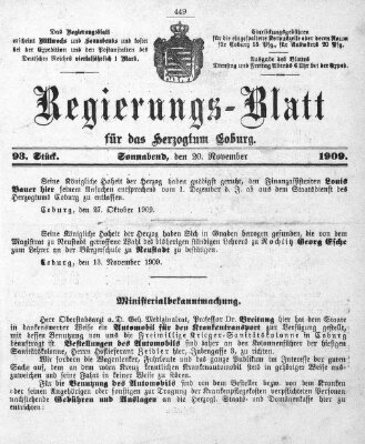 Regierungs-Blatt für das Herzogtum Coburg (Coburger Regierungs-Blatt) Samstag 20. November 1909