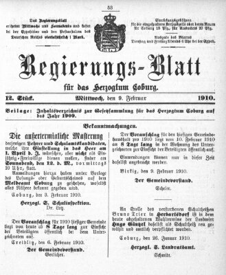 Regierungs-Blatt für das Herzogtum Coburg (Coburger Regierungs-Blatt) Mittwoch 9. Februar 1910