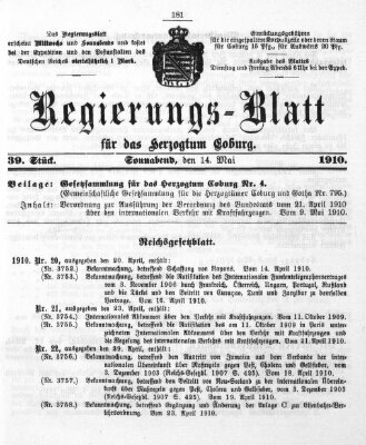 Regierungs-Blatt für das Herzogtum Coburg (Coburger Regierungs-Blatt) Samstag 14. Mai 1910