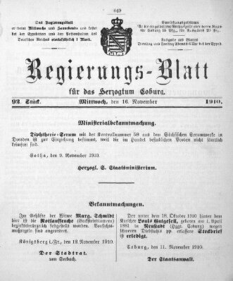 Regierungs-Blatt für das Herzogtum Coburg (Coburger Regierungs-Blatt) Mittwoch 16. November 1910