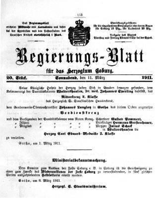 Regierungs-Blatt für das Herzogtum Coburg (Coburger Regierungs-Blatt) Samstag 11. März 1911