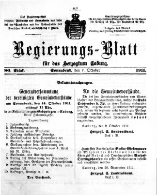 Regierungs-Blatt für das Herzogtum Coburg (Coburger Regierungs-Blatt) Samstag 7. Oktober 1911
