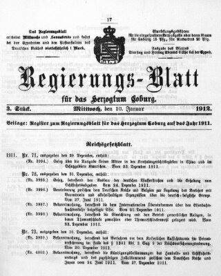 Regierungs-Blatt für das Herzogtum Coburg (Coburger Regierungs-Blatt) Mittwoch 10. Januar 1912