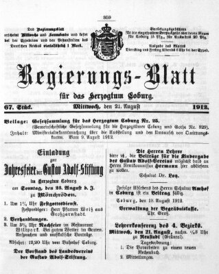 Regierungs-Blatt für das Herzogtum Coburg (Coburger Regierungs-Blatt) Mittwoch 21. August 1912