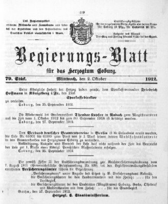 Regierungs-Blatt für das Herzogtum Coburg (Coburger Regierungs-Blatt) Mittwoch 2. Oktober 1912