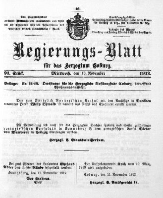 Regierungs-Blatt für das Herzogtum Coburg (Coburger Regierungs-Blatt) Mittwoch 13. November 1912
