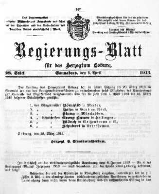Regierungs-Blatt für das Herzogtum Coburg (Coburger Regierungs-Blatt) Samstag 5. April 1913