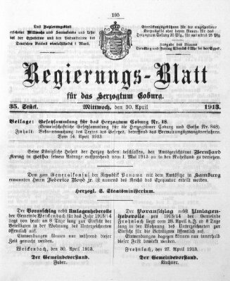 Regierungs-Blatt für das Herzogtum Coburg (Coburger Regierungs-Blatt) Mittwoch 30. April 1913