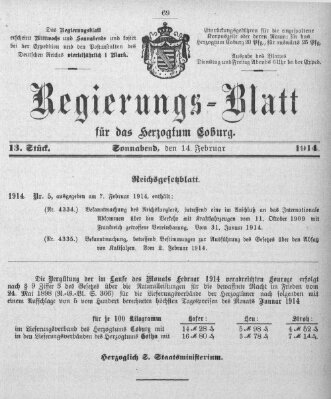 Regierungs-Blatt für das Herzogtum Coburg (Coburger Regierungs-Blatt) Samstag 14. Februar 1914