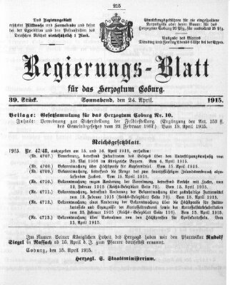 Regierungs-Blatt für das Herzogtum Coburg (Coburger Regierungs-Blatt) Samstag 24. April 1915