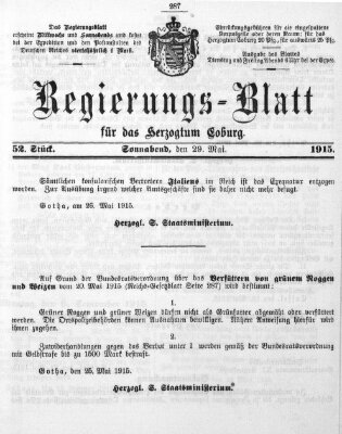 Regierungs-Blatt für das Herzogtum Coburg (Coburger Regierungs-Blatt) Samstag 29. Mai 1915