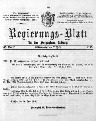 Regierungs-Blatt für das Herzogtum Coburg (Coburger Regierungs-Blatt) Mittwoch 7. Juli 1915