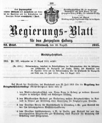 Regierungs-Blatt für das Herzogtum Coburg (Coburger Regierungs-Blatt) Mittwoch 25. August 1915