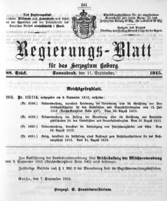 Regierungs-Blatt für das Herzogtum Coburg (Coburger Regierungs-Blatt) Samstag 11. September 1915
