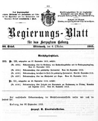 Regierungs-Blatt für das Herzogtum Coburg (Coburger Regierungs-Blatt) Mittwoch 6. Oktober 1915