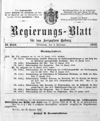 Regierungs-Blatt für das Herzogtum Coburg (Coburger Regierungs-Blatt) Mittwoch 2. Februar 1916