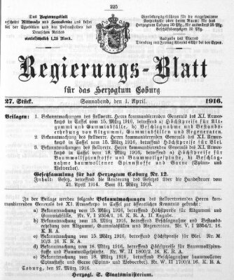 Regierungs-Blatt für das Herzogtum Coburg (Coburger Regierungs-Blatt) Samstag 1. April 1916