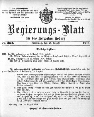 Regierungs-Blatt für das Herzogtum Coburg (Coburger Regierungs-Blatt) Mittwoch 23. August 1916