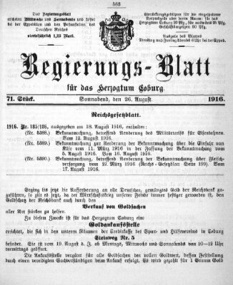 Regierungs-Blatt für das Herzogtum Coburg (Coburger Regierungs-Blatt) Samstag 26. August 1916