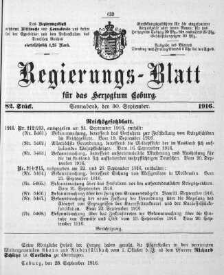 Regierungs-Blatt für das Herzogtum Coburg (Coburger Regierungs-Blatt) Samstag 30. September 1916