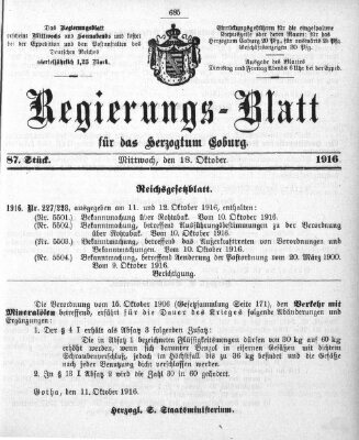 Regierungs-Blatt für das Herzogtum Coburg (Coburger Regierungs-Blatt) Mittwoch 18. Oktober 1916