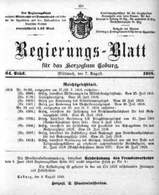 Regierungs-Blatt für das Herzogtum Coburg (Coburger Regierungs-Blatt) Mittwoch 7. August 1918
